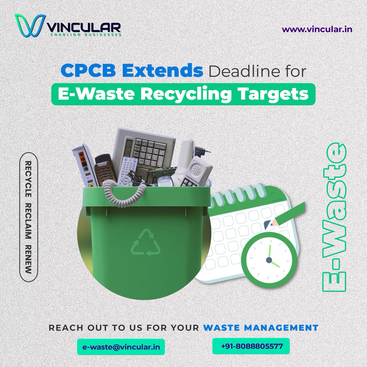 @CPCB_OFFICIAL Extends Deadline for E-Waste Recycling Targets

Notification here: vincular.in/wp-content/upl…

#EWaste #Recycling #CPCB #Deadline #Extension #EPR #Compliance #recycle #WasteManagement #EPRCertificates #ElectronicWaste #certification