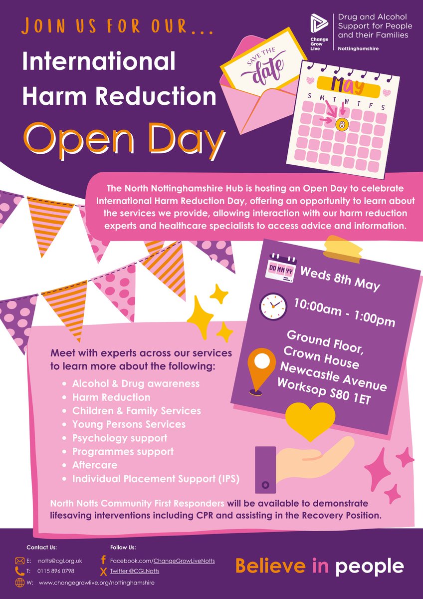 Join us for our Open Day on Weds 8th May, 10am-1pm to help celebrate #InternationalHarmReductionDay. This is a great opportunity to learn about the range of services we provide & meet with our team to access information & advice. Our doors are open for everyone in the community!