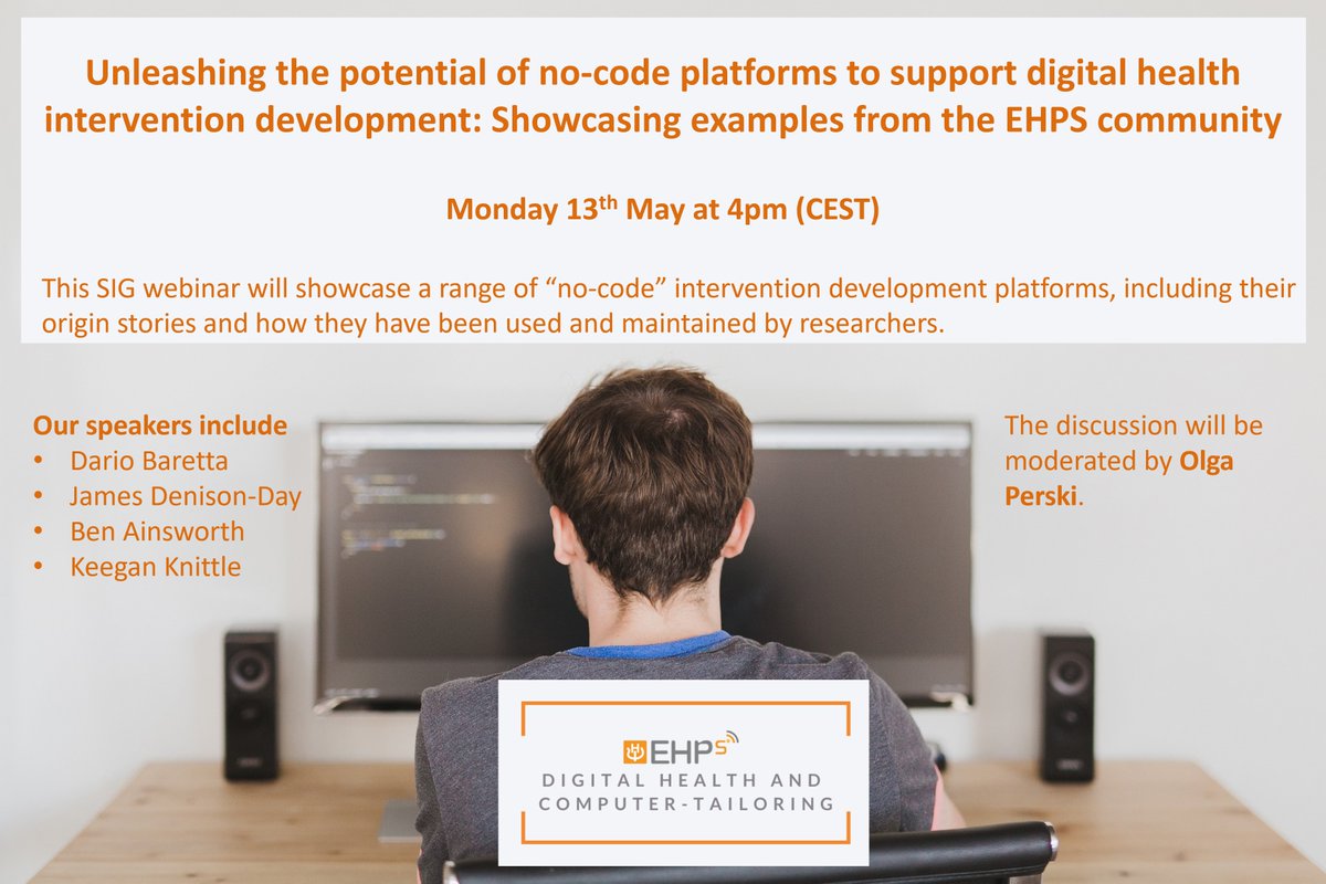 Join us for our next webinar on 13th May @ 4pm (CEST), where we will be discussing how no-code platforms can support #digitalhealth intervention development!📲 Sign up here ➡️ forms.gle/iqNXoK1ojCTrPs…