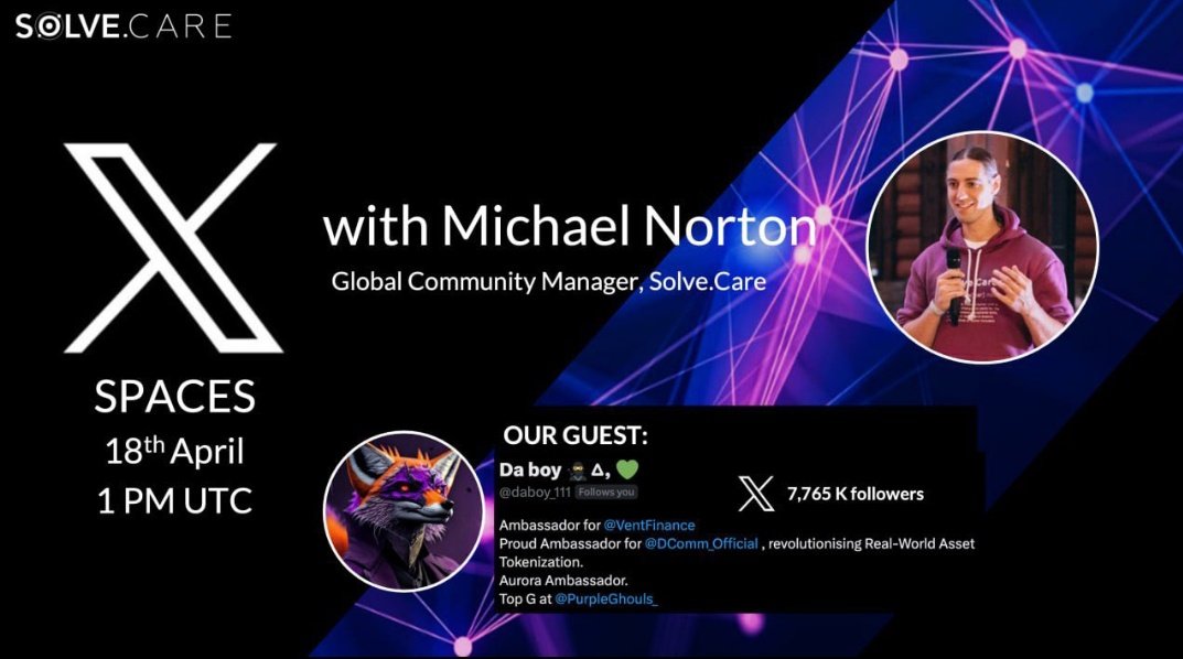 Exciting news! Join @Solve_Care's Global Community Manager, Michael Norton, today 

📆18/04/2024 
⏰1PM UTC

 As he hosts Da Boy, an ambassador for various projects, for some blockchain insights and banter. Don't miss out!

Join here⬇️
x.com/i/spaces/1vOGw…

#SolveCare $SOLVE