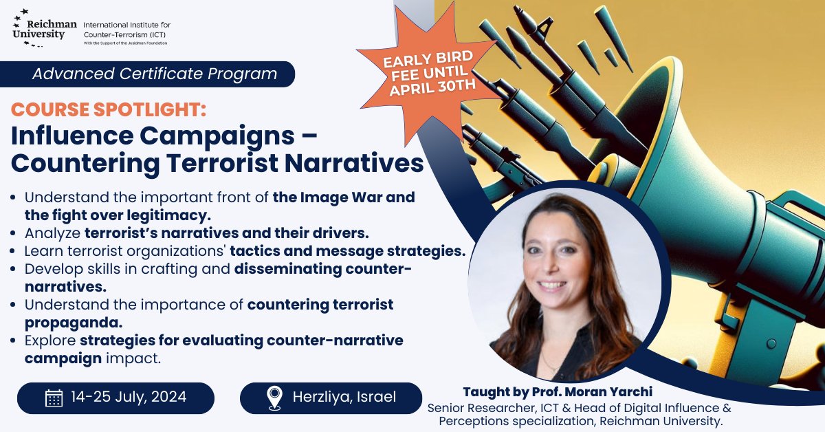 Join our #AdvancedCertificateProgram to learn how understanding #terrorist #communicationstrategies can help develop effective methods to #counter #extremist messaging with ICT's Dr. Moran Yarchi, Head of #DigitalInfluence Specialization. Early Bird spots: tinyurl.com/49dty2f3