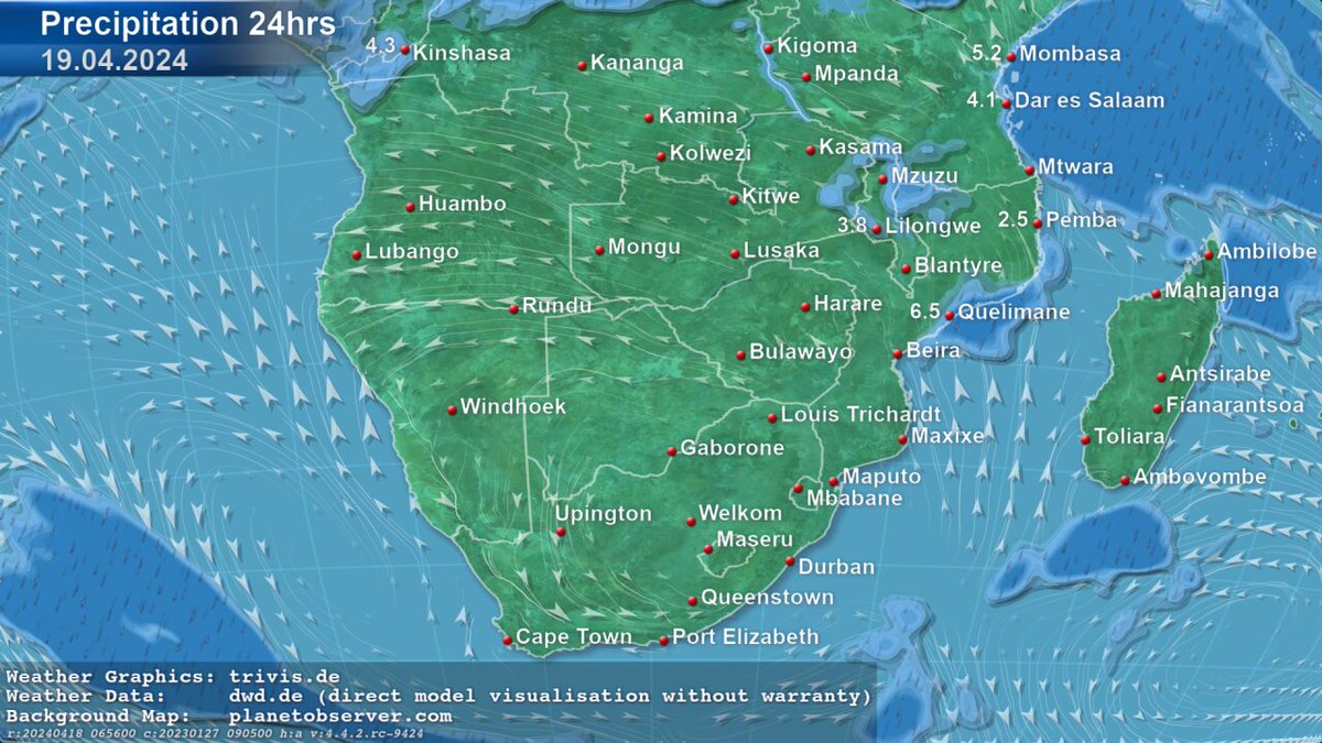 For the south of #Africa this map shows forecast data of DWD with the precipitation accumulated over 24 hours for tomorrow. For #Quelimane in #Mozambique 6.5 mm/24h are expected for 19.04.24. #StaySafe and have a good day.