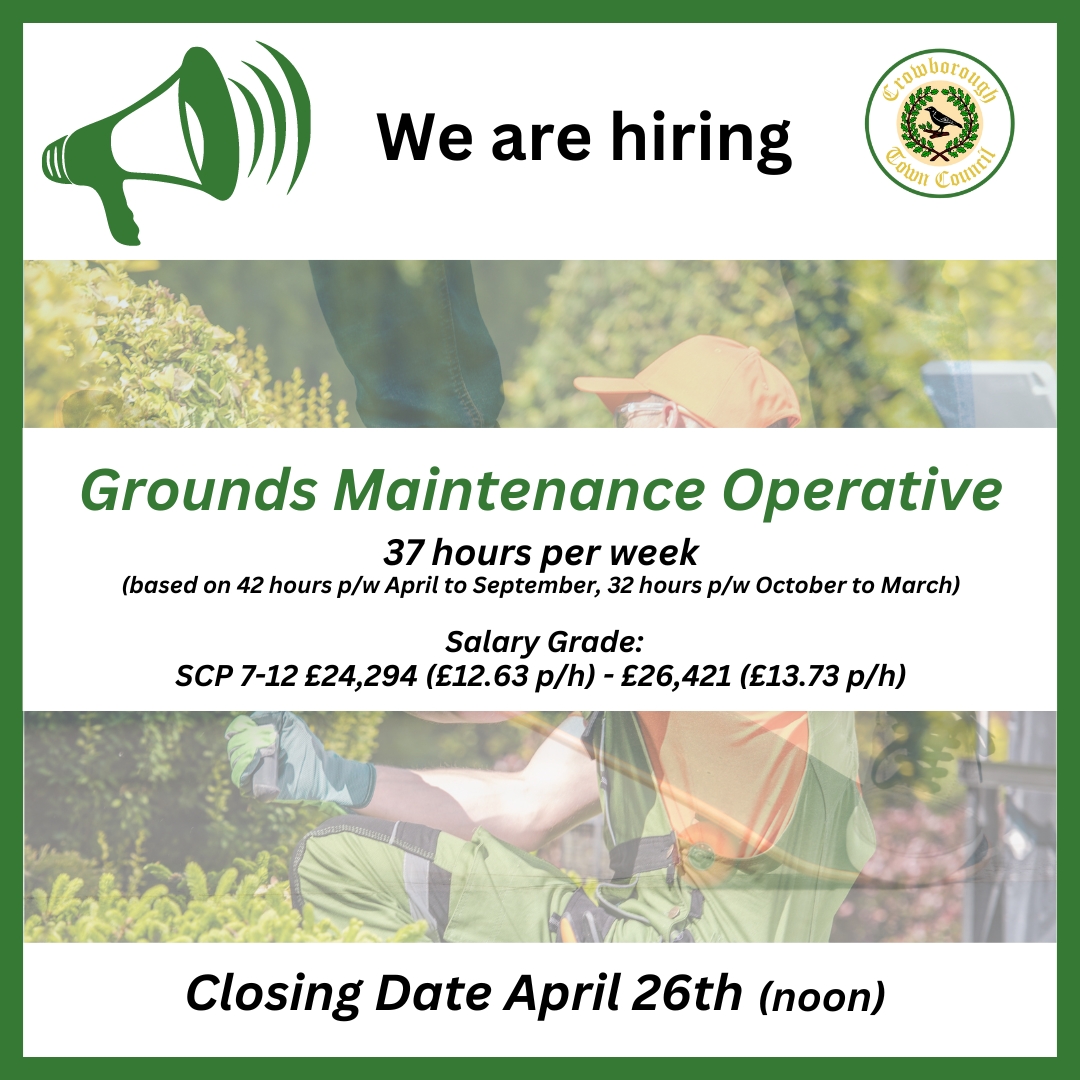 WE ARE HIRING!   

A full time, permanent, varied role for a grounds person to work across the council owned sites in #Crowborough.    

Find out more on our website: crowboroughtowncouncil.gov.uk/about-us/counc…

CLOSING DATE 26 April (noon)  
#jobsearch #sussexjobs
