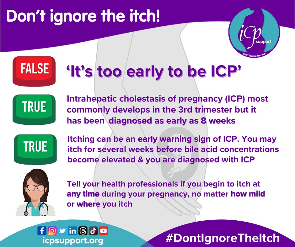 Intrahepatic cholestasis of pregnancy (ICP) most commonly develops in the third trimester, but has been diagnosed as early as 8 weeks. 
It's never too early for ICP, so #DontIgnoretheItch in pregnancy
#SafeBirthNotStillbirth #StillbirthAwareness #pregnancy #CommonMisconception