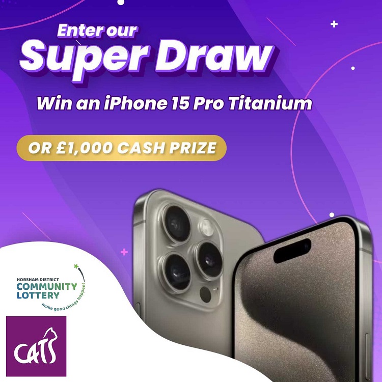 Fancy winning an #iPhone15 Pro Titanium or £1,000 cash? To be in with a chance sign up to our #lottery page on Horsham District Community Lottery & don't forget each ticket purchased will provide much needed help for our #cats 😻 Thank you horshamdistrictcommunitylottery.co.uk/support/cats-p…