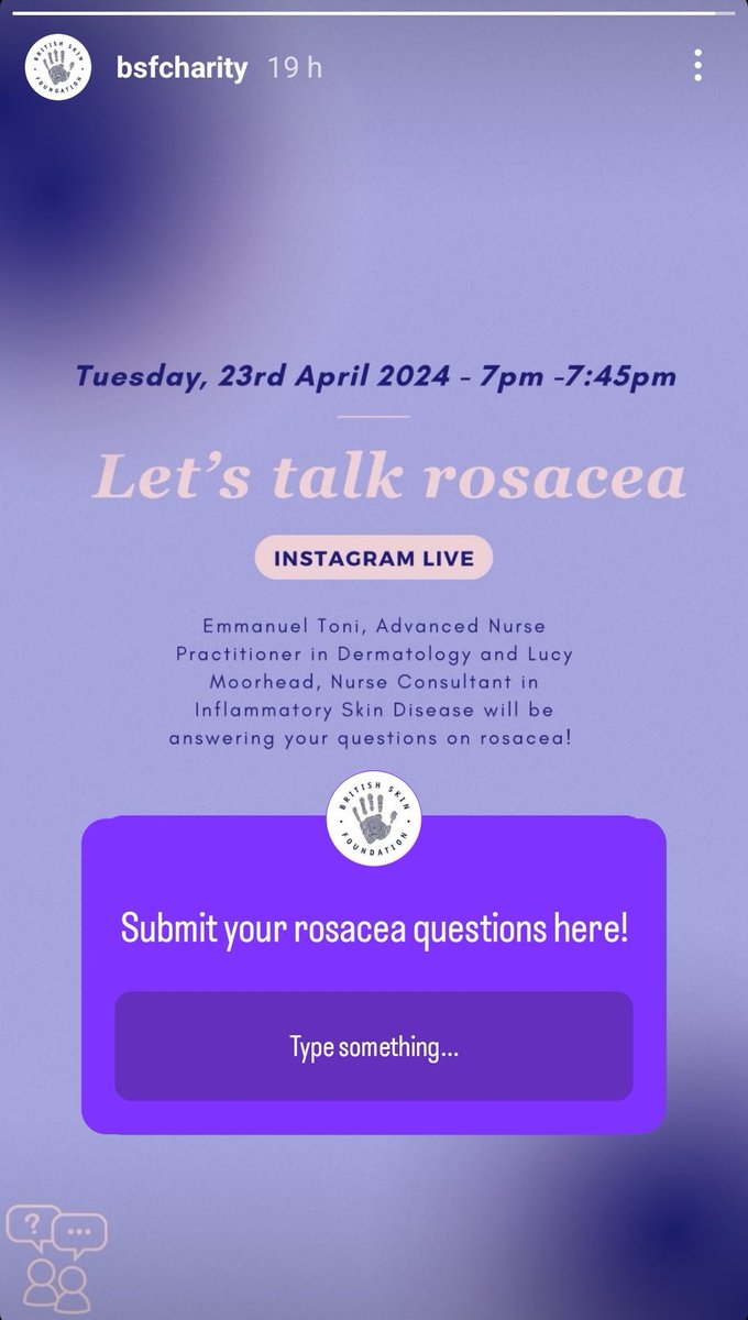🌟 Excited and honoured to share some incredible news! 🌟 I'm thrilled to announce that I'll be hosting an Instagram Live session for the @BSFcharity with @lucyronda about #Rosacea! Join us on April 23rd at 19:00 BST #Dermatology #SkinCare #InstagramLive