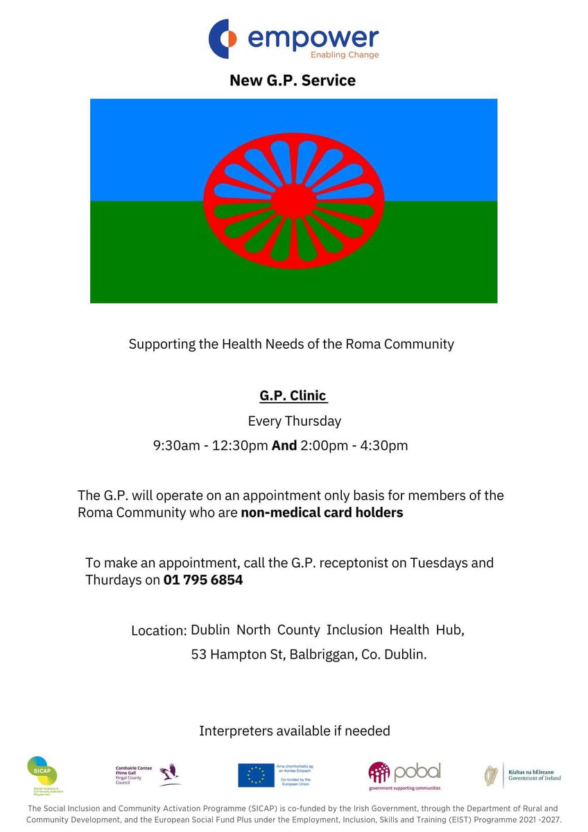 The Roma GP Service takes place every week in Balbriggan.This service is for non-medical card holders only and will take place every Thursday from 9:30am-12:30pm and 2-4:30pm.The venue is 53 Hampton Street, Balbriggan – HSE Inclusion Health Hub, and Interpreters are available