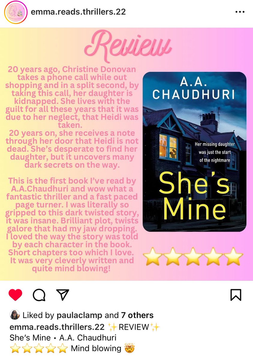 My 4th #psychologicalthriller is out this June but it’s great to see lovely reviews like this still coming through for #ShesMine, my debut with @HeraBooks. Now on #KindleUnlimited, why not download here for the #weekend?! shorturl.at/hrIVY #thrillerthursday #BookTwitter