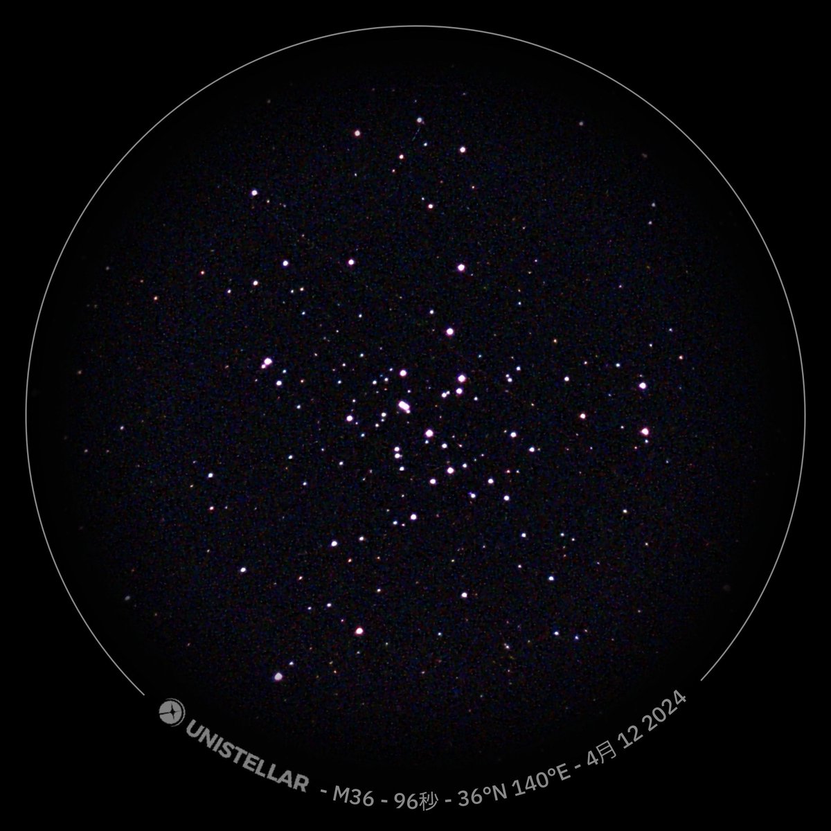 散開星団: M36 Pinwheel Cluster
4s x 40, CLSフィルター
4枚目は無加工のエンハンスド・ビジョン(スタンプあり)画像
#eVscope