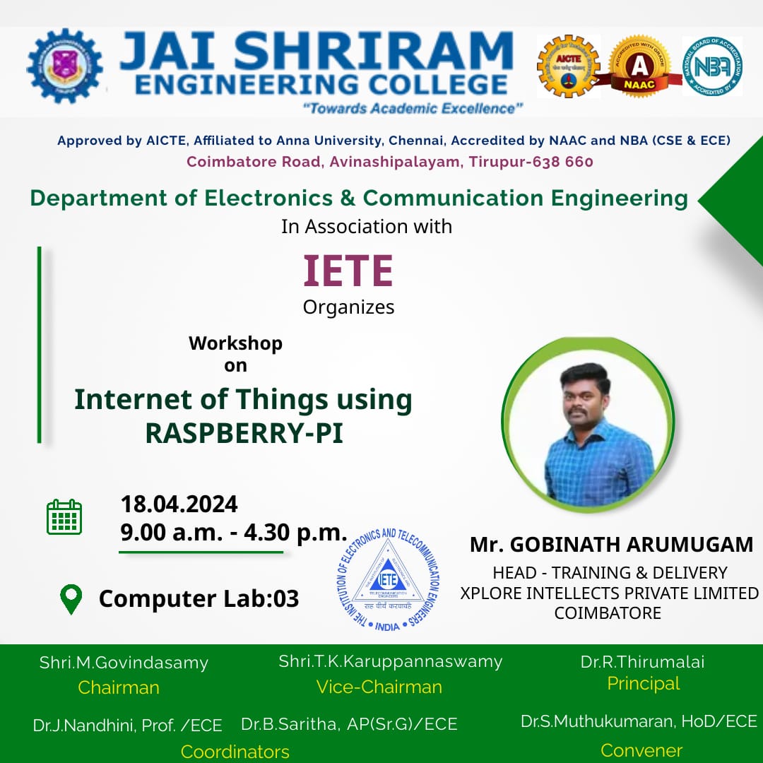JSREC09's tweet image. Department of Electronics and Communication engineering in Association With IETE Organises Workshop

✅Date :18-04-2024
✅Time : 9AM - 4.30 PM
✅Location : Computer Lab- 03

#jaishriramengineeringcollege #JSREC #college #annauniversity #engineering #student #placement #job #ece