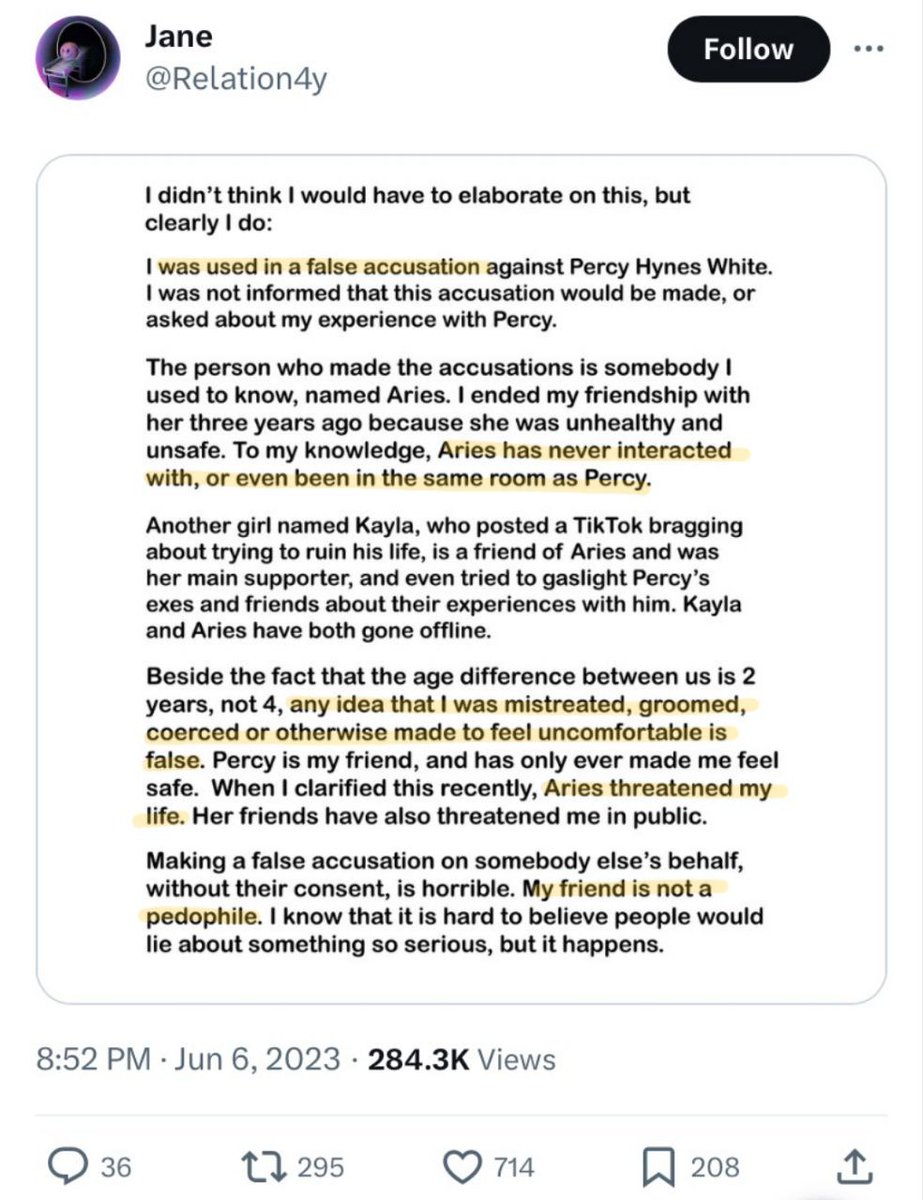 sinskinnner's tweet photo. Was #PercyHynesWhite accused of SA by multiple different women? 
NO. A group of friends that anonymously accused him of ab*se later rectified they’re not HIS victims and were talking "on the behalf of others"- their ex friend Jane. #PercyHynesWhite and Jane both addressed this: https://t.co/wV7pPYfBBh