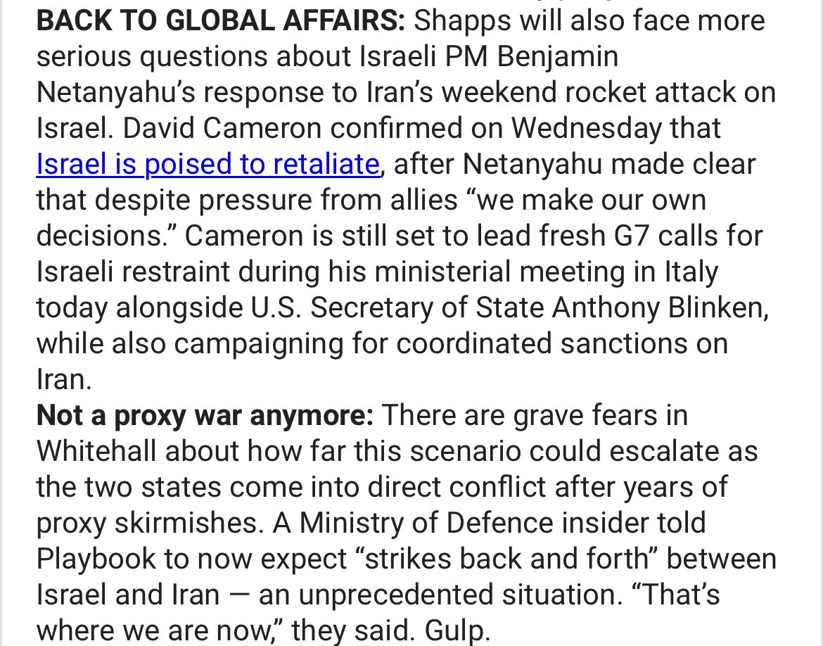 EXCL The UK now preparing for “strikes back and forth” between Iran and Israel. Via this morning’s Playbook