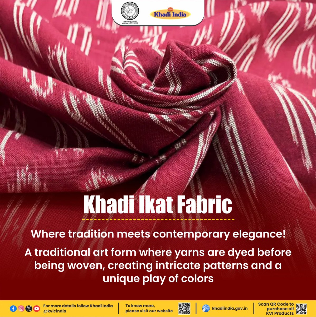 Explore our exquisite collection of Khadi Ikat Fabric in the rich Maroon shade, meticulously crafted to showcase the timeless beauty of Indian handloom artistry. Embrace the essence of culture and sustainability with every weave, as our Khadi Ikat Fabric takes you on a journey of