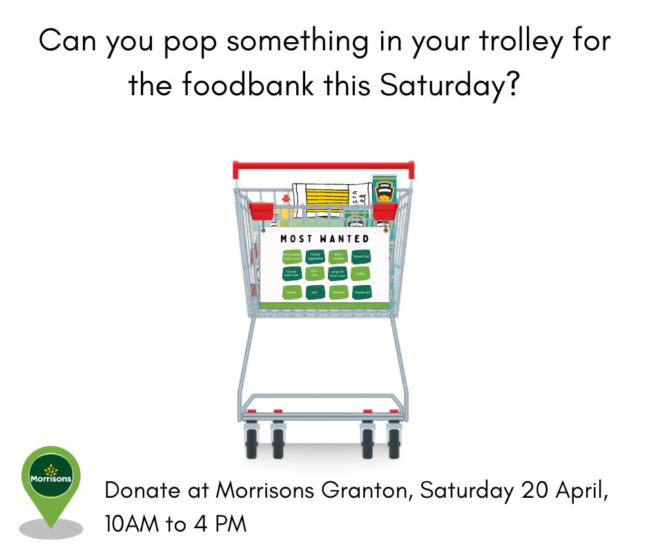 Foodbank collection THIS Saturday 20 April! Will you pop something in your trolley to help people struggling to put food on the table? 📍Morrisons Granton 🕙10AM – 4 PM For alternative places to donate, please see our website: edinburghfoodproject.org/donate-food/ Thank you 💚 #Edinburgh