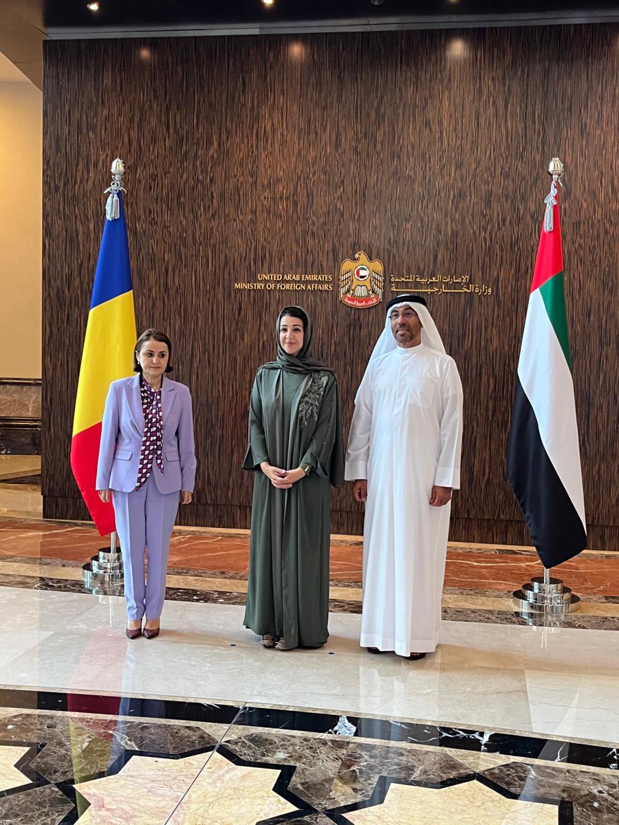 Delighted to meet HE Mr Ahmed Ali Al Sayegh and HE Mrs Reem Ebrahim Al Hashimy to discuss ways to further strengthen the political, economic and sectoral cooperation between 🇷🇴 #Romania&🇦🇪 #EAU. Agreed to work closely on common challenges as security but also #climate& #digital.
