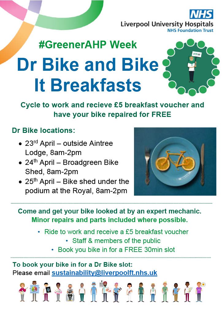 For #GreenerAHP week @LivHospitals we have #Free Dr Bike sessions for staff who will also get a £5 breakfast voucher! 🚴 Email the team to book your slot! #NetZero #SustainableTravel @WeAHPs @LUHFTAHPs