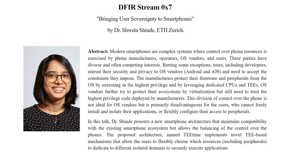 acfti's tweet photo. Announcing Special #DFIR Stream on Monday, April 22 · 4:00 – 5:00 pm (GMT+00:00) UK Time
Title: "Bringing User Sovereignty to Smartphones" 
by Dr. Shweta Shinde, ETH Zurich.
Register@ https://t.co/rZy0vJpv52
Join &amp; stay tuned! #CyberSecurity #Privacy #Android #iOS #infosecurity https://t.co/dxhv1miSAl