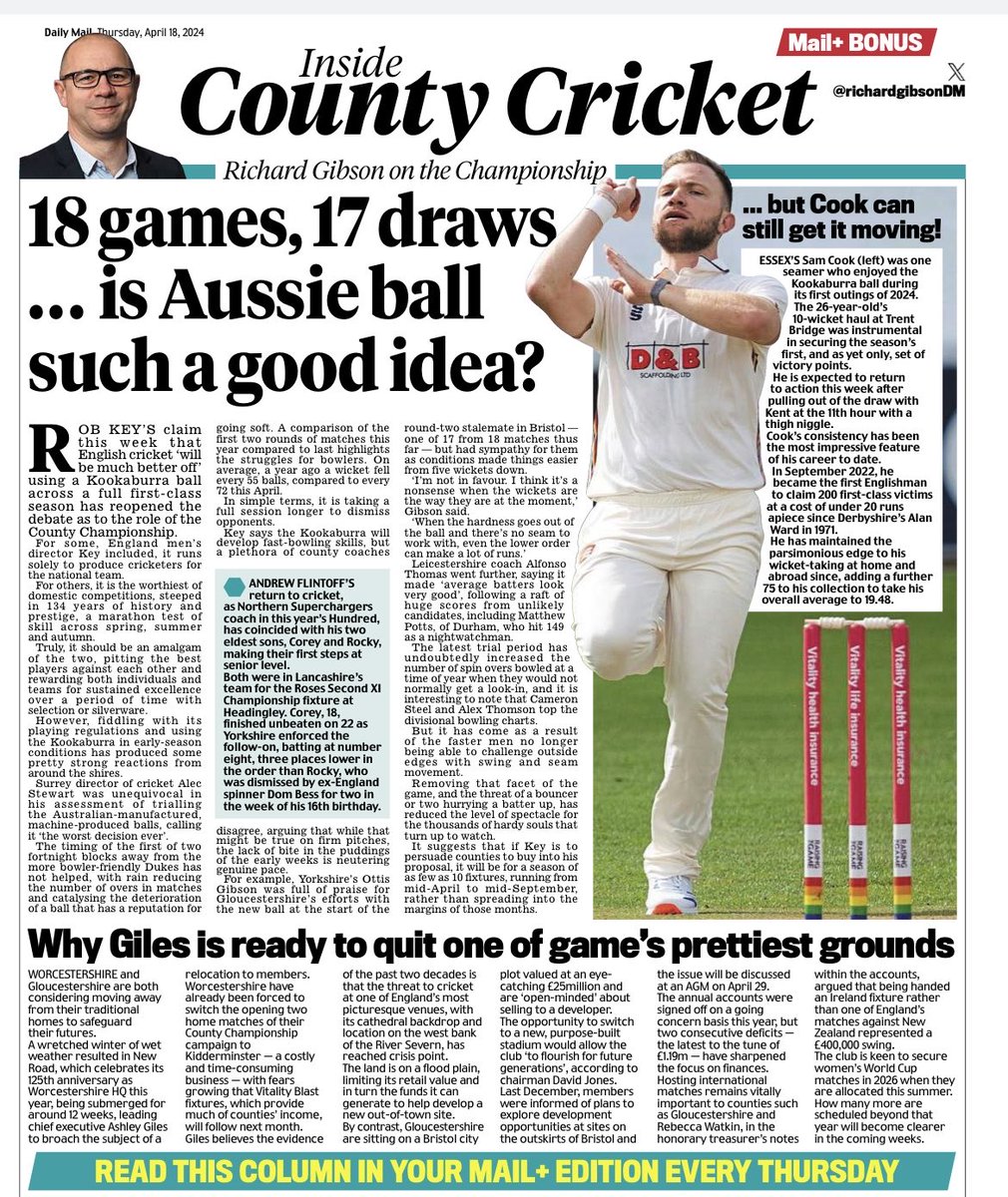 The slow burn of the latest Kookaburra trial, two clubs considering moves from 19th century homes and Flintoff boys make senior bows - latest county column for ⁦@MailSport⁩