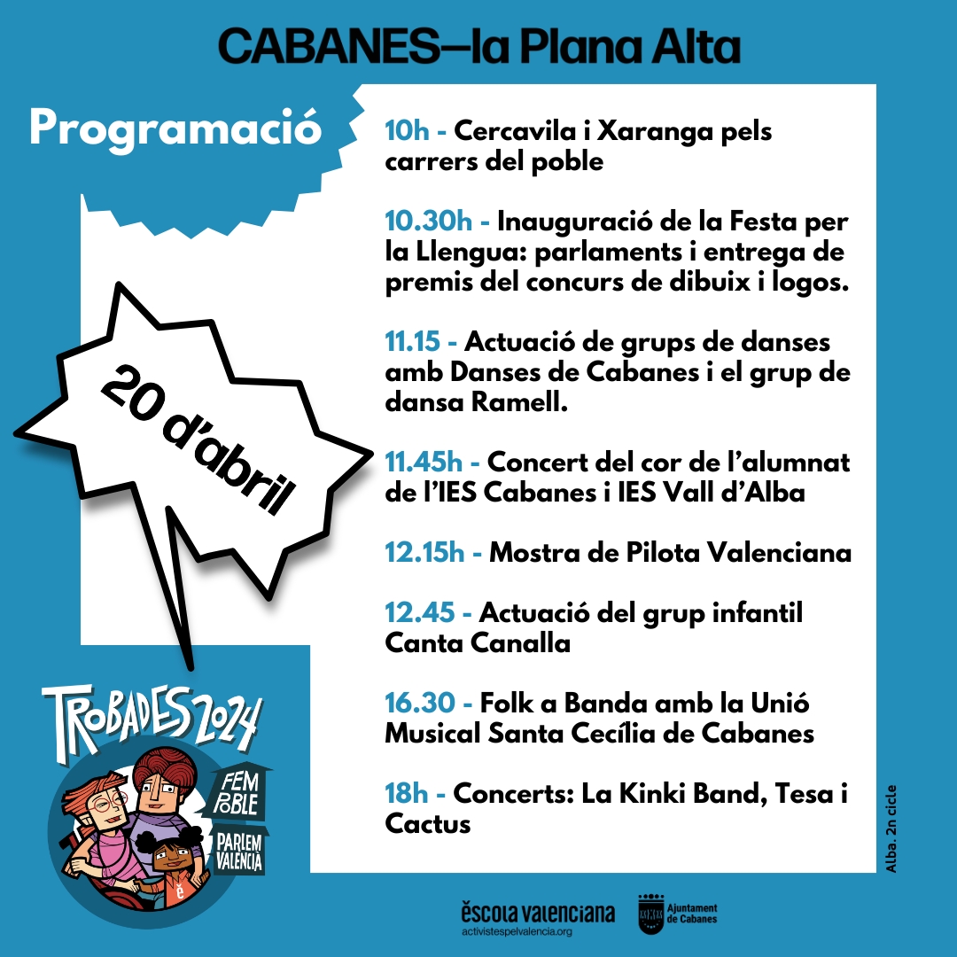 Continuen les #Trobades2024 👧🏾🏡
Consulteu horaris i activitats!  🎵📚😈

 📆 20/04/24
📍 Cabanes, la Plana Alta  
📍 Estivella, el Camp de Morvedre   

#FemPobleParlemValencià