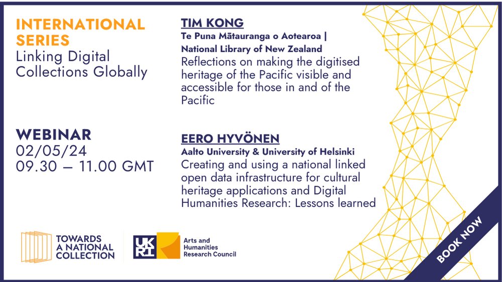 Learn about linked #OpenData infrastructure, #SemanticWeb technologies & how #CulturalHeritage data & #DigitalCollection contents could be shared globally. @digitalpasifik @HelsinkiDH @AaltoUniversity @secoresearch #linkeddata 📅 2 May 🕞 9:30-11am 🔗ow.ly/39Hh50ReQ01