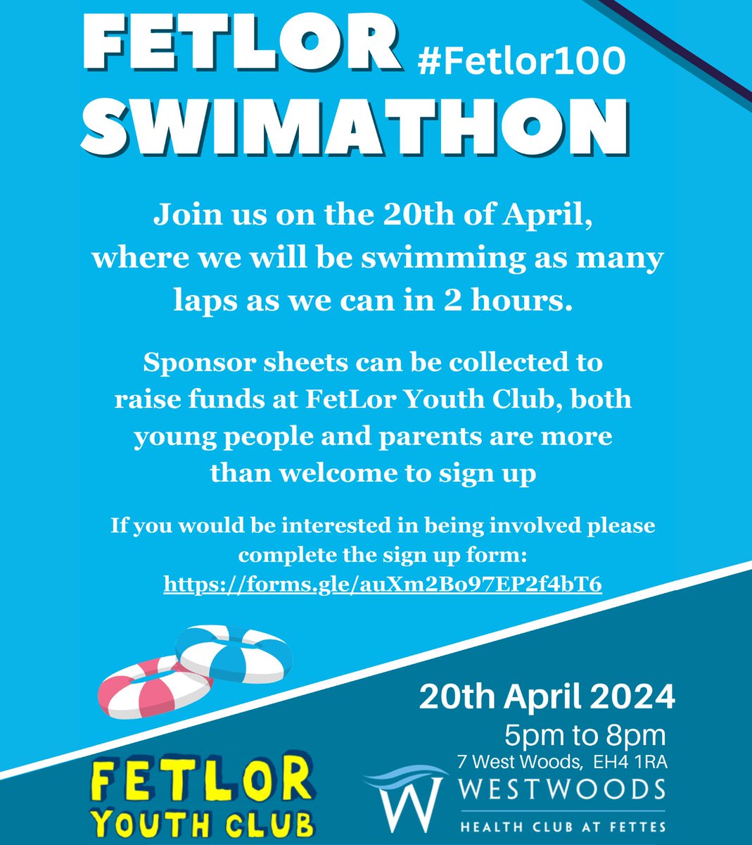 Good luck to all who are taking part in the Swimathon at Westwoods this evening to raise vital funds for FetLor Youth Club. 🏊

Donations to support this can be made using the following link: bit.ly/43wxL1f 

#OurCommunity