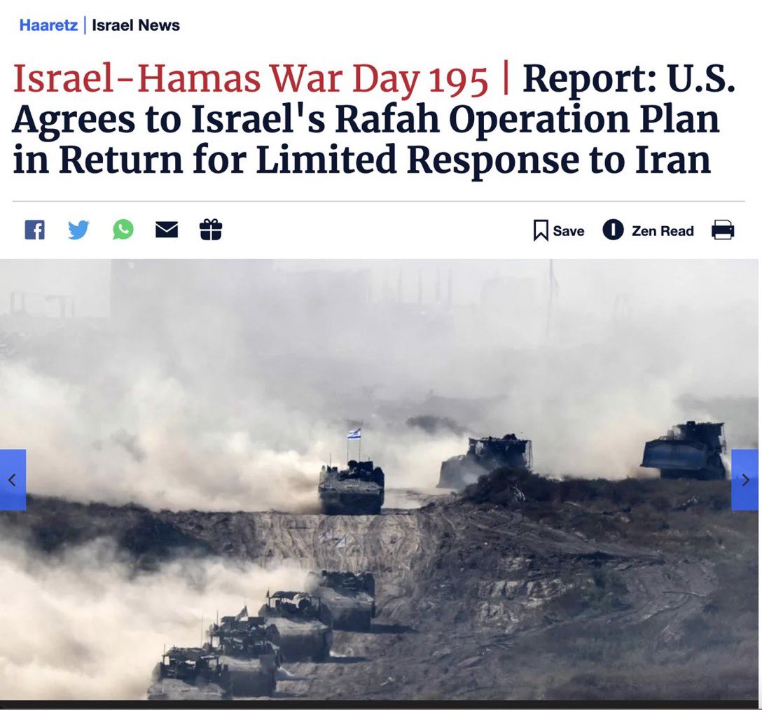 BREAKING🚨US agrees to allow Israel to invade #Rafah in exchange for not retaliating against Iran. Exactly as I said Israel will retaliate against Iran’s military targeting by murdering hundreds of thousands of civilians! #Rafah May God make our enemies stupid!