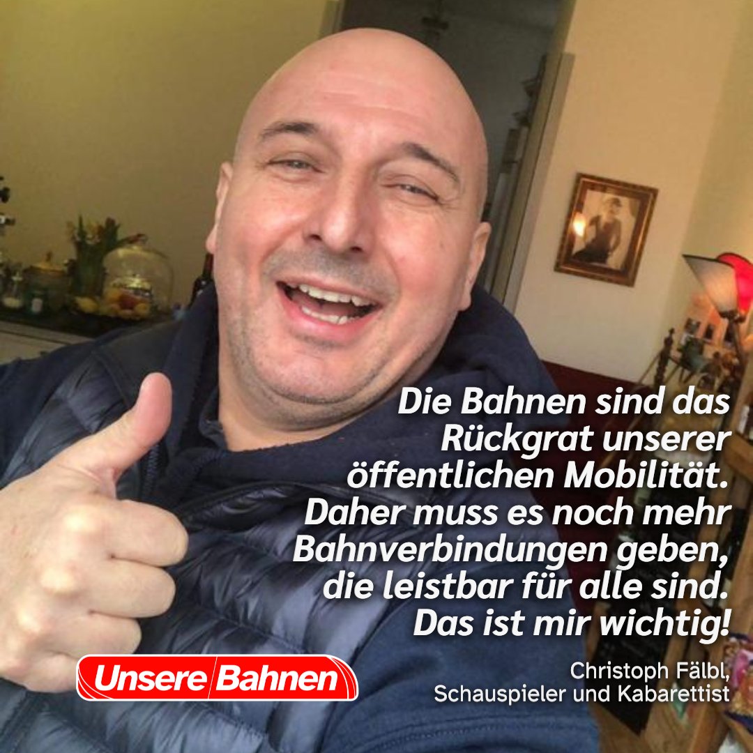 Er bringt Spaß auf die Schiene! 
Auch für Christoph Fälbl sind unsere Bahnen das „Rückgrat der öffentlichen Mobilität”. Der Schauspieler und Kabarettist wünscht sich daher mehr Bahnverbindungen und leistbares Bahnfahren für alle. 
Danke für die Unterstützung! #UnsereBahnen