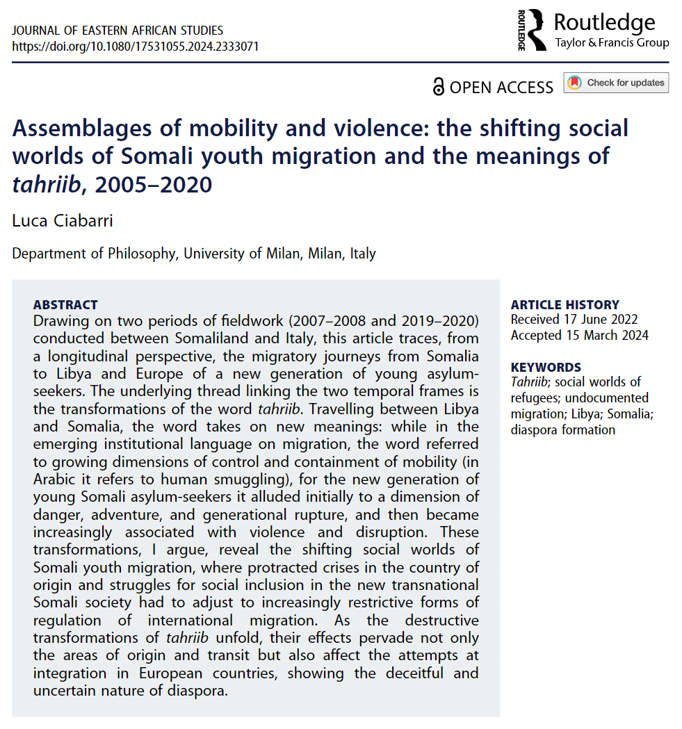 Now online (Open Access): Assemblages of mobility and violence: the shifting social worlds of Somali youth migration and the meanings of tahriib, 2005–2020 by Luca Ciabarri doi.org/10.1080/175310… #Somalia