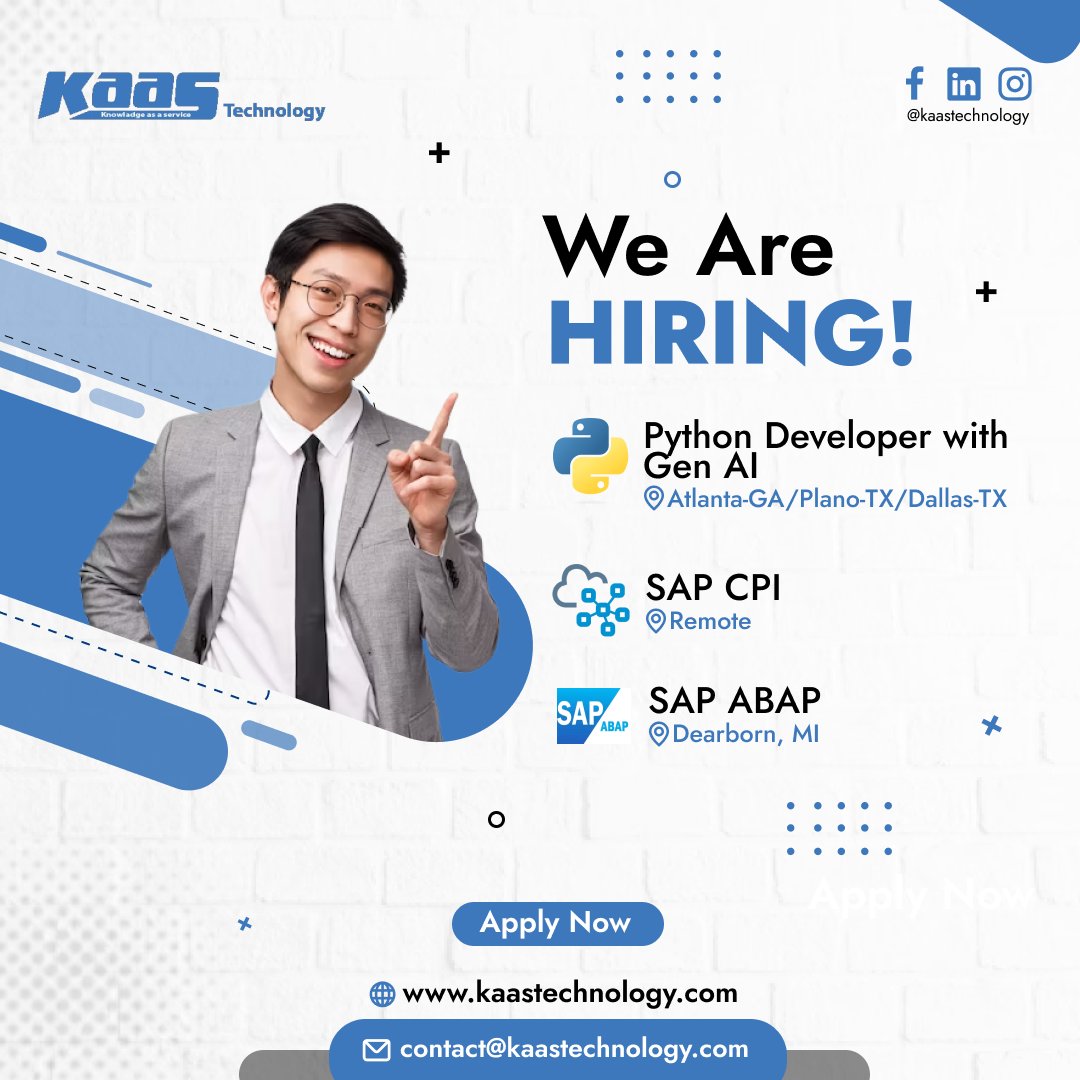 🚀 Join Kaas Technology's Team!

We're Hiring Python Developers with expertise in GenAI, SAP CPI, and SAP ABAP for Our US Client!
Remote Position.

Apply @ 👉 kaastechnology.com

#PythonDeveloper #GenAI #SAPCPI #SAPABAP #RemoteJobs #TechCareers