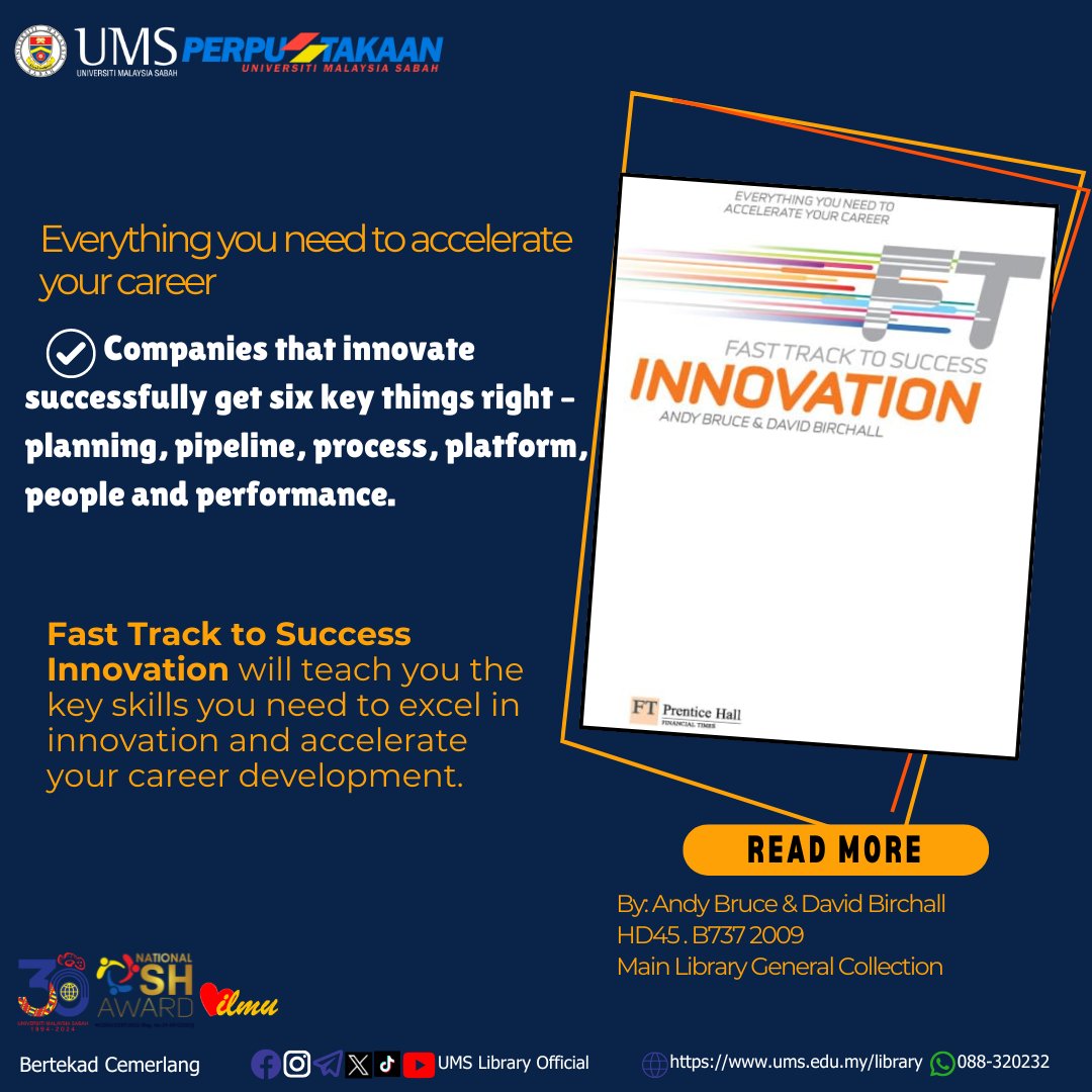 Lib_UMS's tweet image. Read more📖
FAST TRACK TO SUCCESS: INNOVATION

Would you like to borrow the book?📚
Come and visit UMS Main Library, Kota Kinabalu

OR,
submit your request at bit.ly/BookLoanServic…

#ReadingMaterial
#IncreasingKnowledge
#MainLibraryGeneralCollection
#UMSLibrary