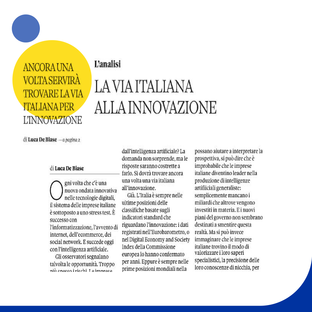 ✨ In viaggio verso il futuro 🗞️ 'La via italiana all'innovazione' @lucadebiase su @sole24ore #imprese #IntelligenzaArtificiale @N4ik3 @Monica_Torriani @camcom_pno @lacuocagalante @innovalabns @CCIAARIVLIG @claudiamedd @cinziasams