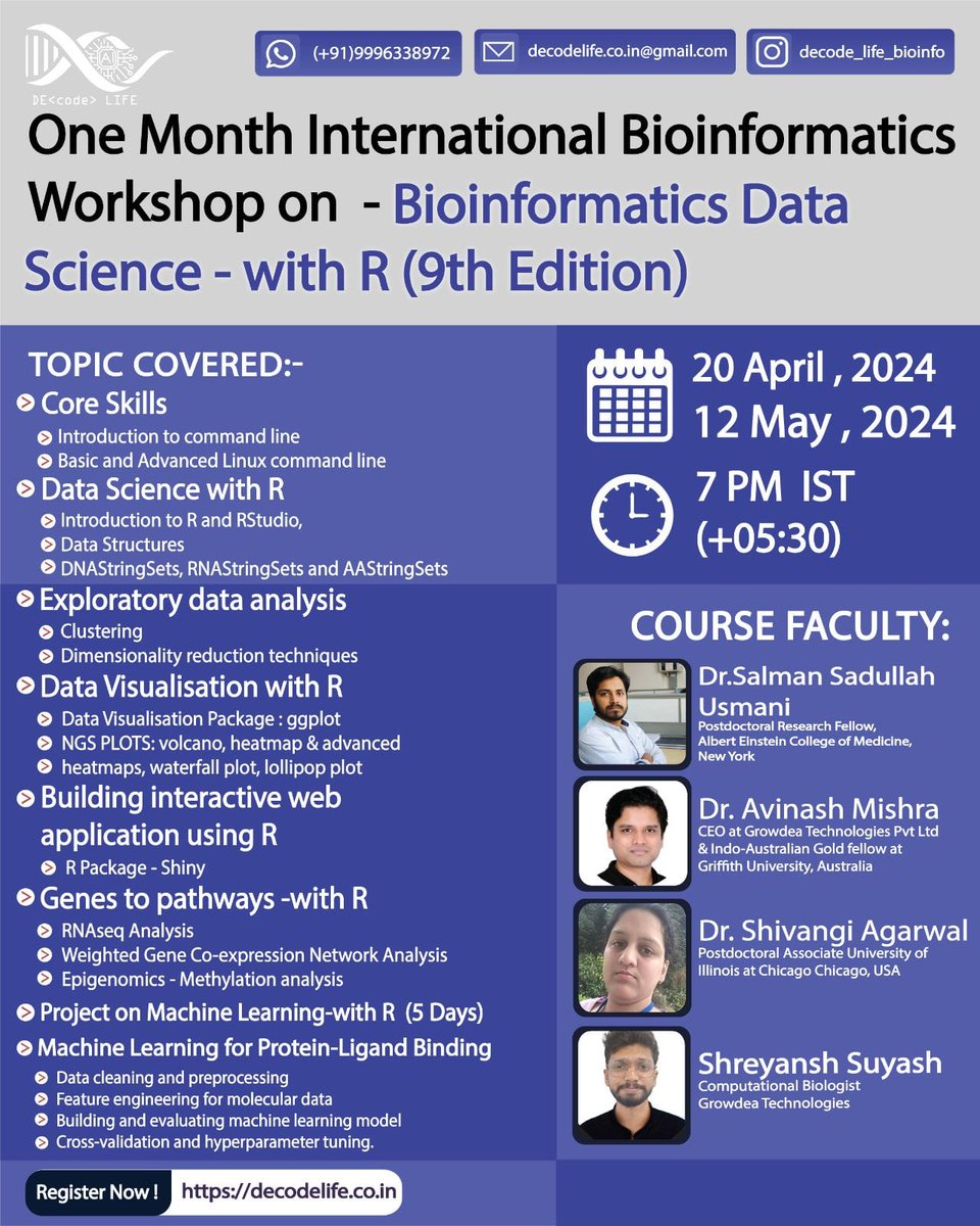 👨‍🏫 Last 2 days to register for One month International #Bioinformatics Workshop by Decode Life. 💥 Bioinformatics Data Science with R, 9th Edition 2024 💥 🗓 Duration: 20 April - 12 May, 2024 ✍️ Registration Link decodelife.co.in