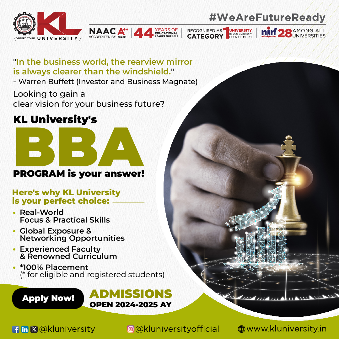 ''Time to ditch the rearview mirror & grab the steering wheel of your business career!'' KL University's BBA program helps you do just that. 

Apply Now: kluniversity.in/admissions-202…

#KLuniversity #KLU #AdmissionsAreOpen2024 #Admissions2024_25 #WeAreFutureReady #Placements #BBA