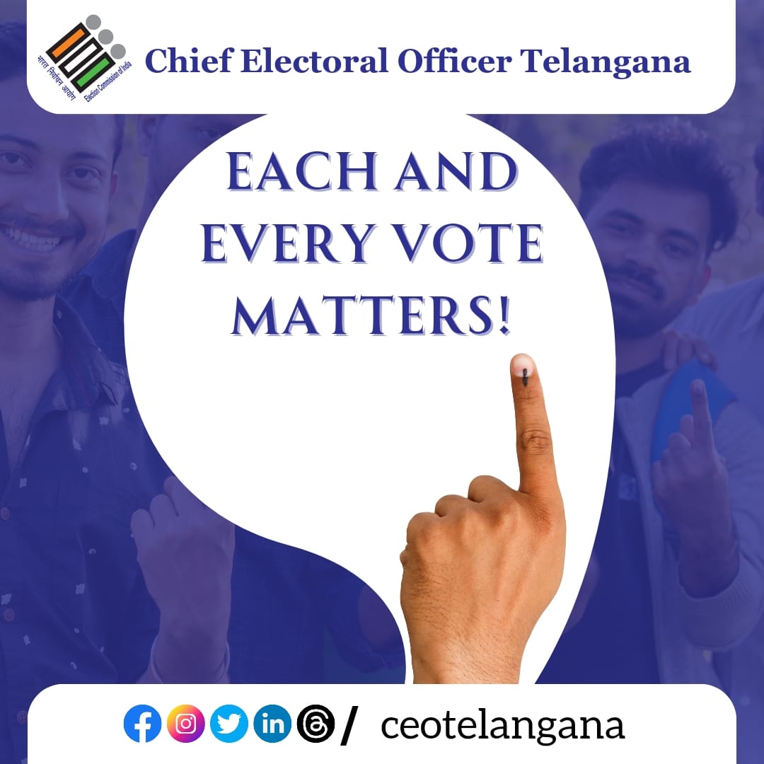 Each and Every Vote Matters!

 #ECI #DeshKaGarv #ChunavKaParv #Elections2024 #ecispokesperson #VoteForSure #CEOTelangana 

@ECISVEEP 
@SpokespersonECI