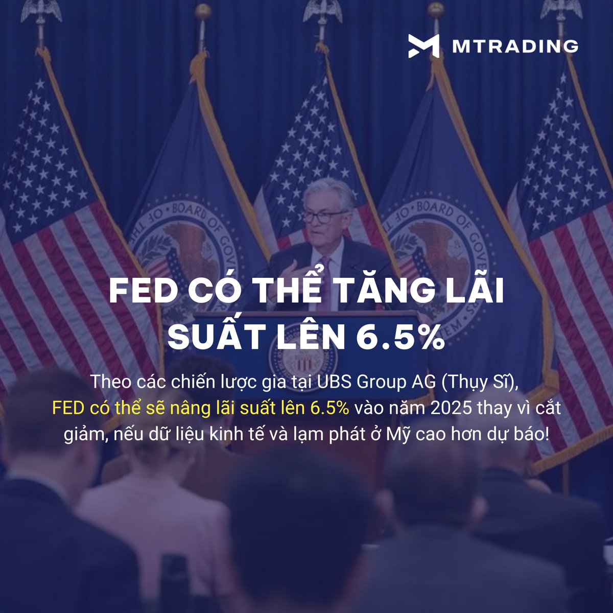 MTradingVietnam's tweet photo. Theo các chiến lược gia tại #UBS Group AG (Thụy Sĩ), #FED có thể sẽ nâng lãi suất lên 6.5% vào năm 2025 thay vì cắt giảm, nếu dữ liệu kinh tế và lạm phát ở Mỹ cao hơn dự báo!
#laisuat2024 #FOMC #BestBroker #UBSgroup #lamphat #mtrading https://t.co/x3pmZkwfWm