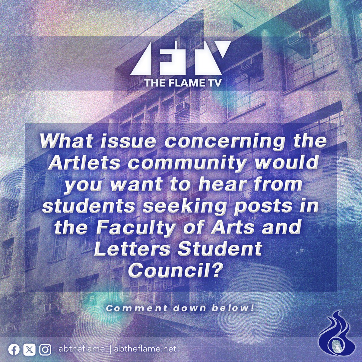 abtheflame's tweet photo. Artlets students are set to exercise their democratic rights starting April 22 for the ABSC election.

The Flame asks, “What issue concerning the AB community would you want to hear from students seeking posts in the Faculty of Arts and Letters Student Council?”

#ABHalalan2024 https://t.co/WDG55EduOM