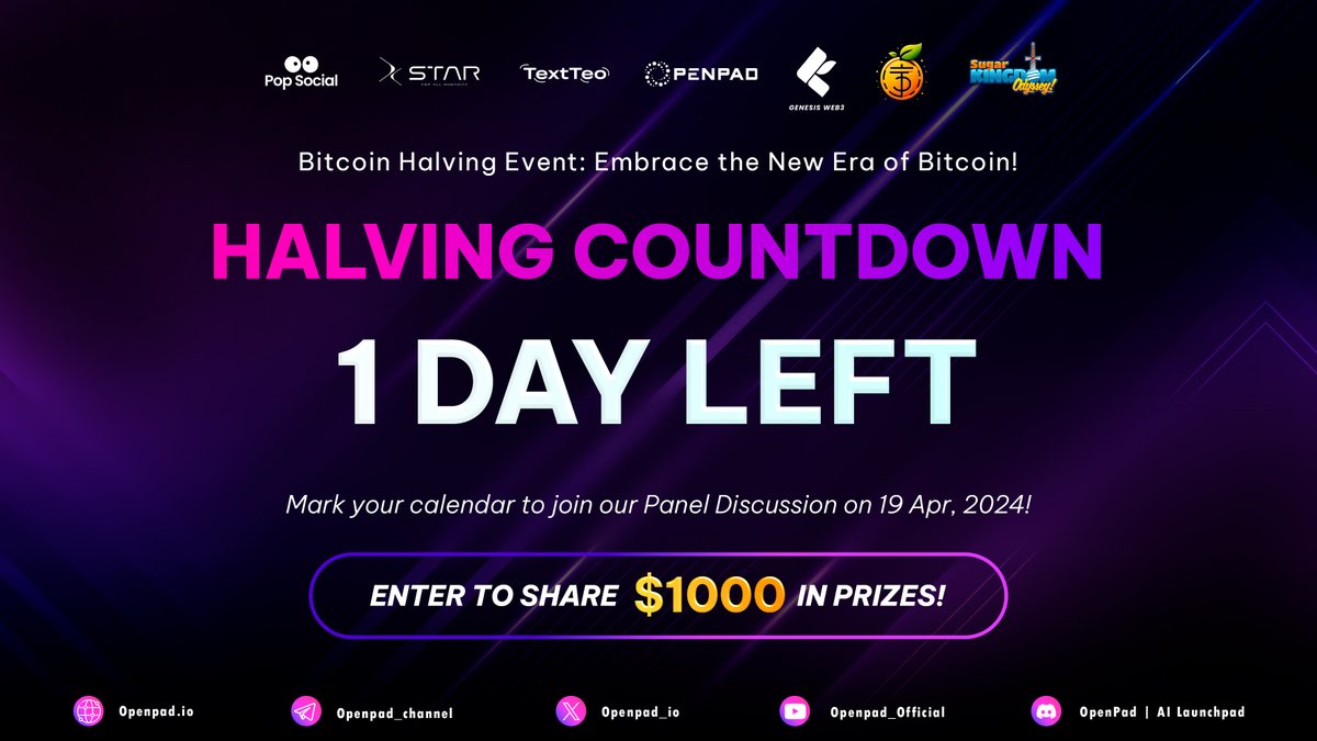 Bitcoin Halving Countdown ⛏️

1/5 April 19th
The next Bitcoin halving is almost here! This is a pivotal event where the block reward for miners gets cut in half, reducing the rate at which new Bitcoin enters circulation.

#Bitcoin #Halving #Cryptocurrency