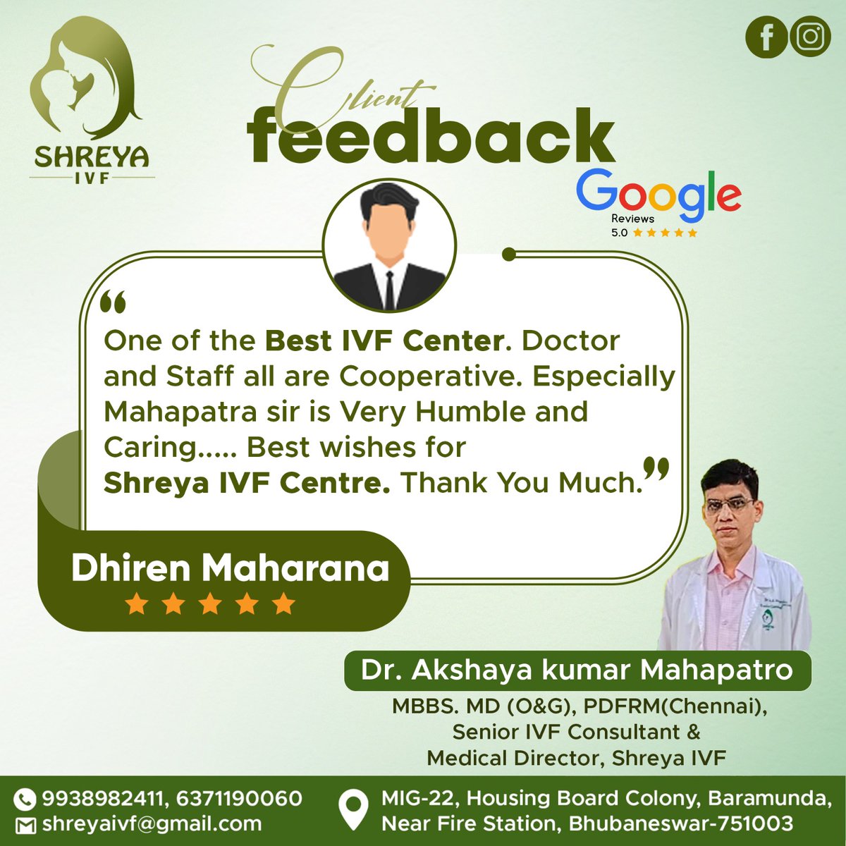 Thank you for the incredible review and your valuable time! 
#googlereview #review #google #reviews #starreview #customerreview #testimonial #feedback #happycustomer #shreyaivfbaby #shreyaivf #shreyaivfcentre #Bhubaneswar