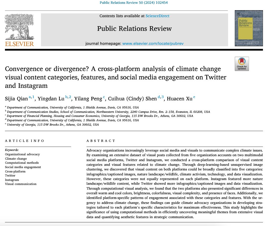 📢 Excited to share our new research in Public Relations Review (w/ @YingdanL_kk @pengyilang @cuihua Huacen Xu)! Our study examines how advocacy organizations use visuals on Twitter and Instagram to convey complex climate issues. Full article: sciencedirect.com/science/articl…