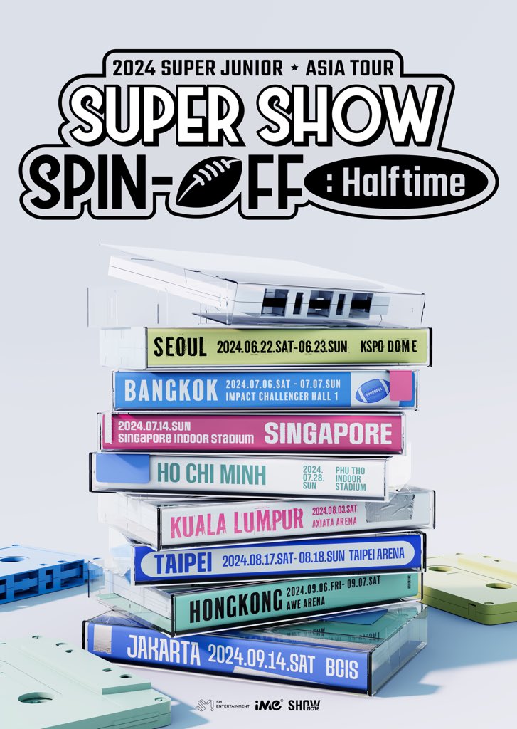 2024 SUPER JUNIOR <SUPER SHOW SPIN-OFF : Halftime> ASIA TOUR

[SEOUL]
📍KSPO DOME
📅 June 22(SAT) - 23(SUN), 2024

[BANGKOK]
📍Impact Challenger Hall 1
📅 July 6(SAT) - 7(SUN), 2024

[SINGAPORE]
📍SINGAPORE INDOOR STADIUM
📅 July 14(SUN), 2024

[HO CHI MINH]
📍Phu Tho Indoor…