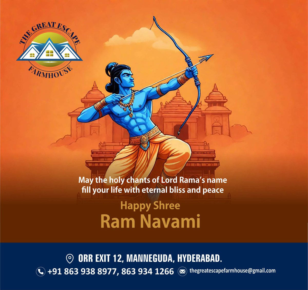 Happy Rama Navami! May the divine chants of 'Jai Shri Ram' resonate in our hearts
Please contact us: +91 86393 88977
Email Address : thegreatescapefarmhouse@gmail.com
#RamaNavami
#JaiShriRam
#LordRama
#DivineCelebration
#RamNavami2024
#BlessingsOfRama
#SpiritualJourney
#Festival