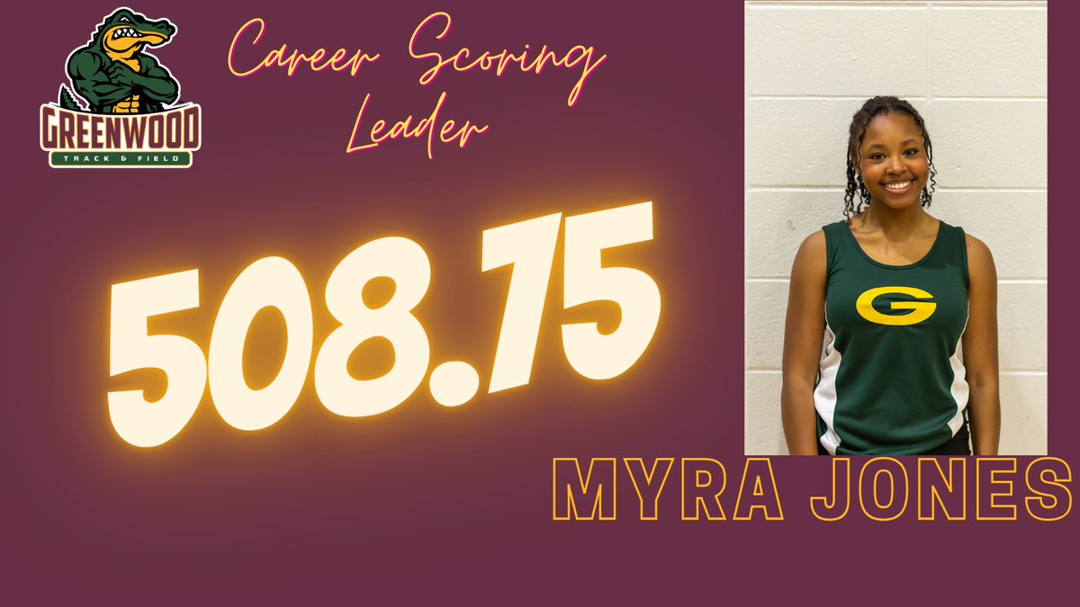 Myra Jones broke the Girls Track &amp; Field career scoring record on Tuesday! Myra added 16 points at SKY Conference bringing her career varsity points to 508.75. The breaks the 506.5 record previously held by Lauren Cunningham. Congratulations Myra!🐊 #bethebest <a href="/GHSGatorSports/">Greenwood Gator Athletics</a>