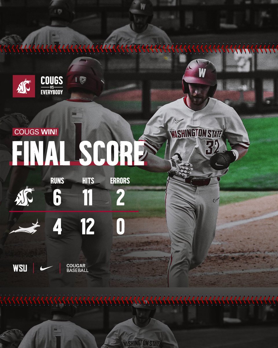 wsucougarbsb's tweet photo. BALL GAME! COUGS WIN!

Cole Cramer homers, collects 3 hits and drives in 4 while the Cougs take the lead with 3 runs in the 6th and get big efforts on the mound from Kaden Wickersham and Duke Brotherton to open the road trip with a W!

#GoCougs | #CougsVsEverybody https://t.co/cZJPZsRvEc