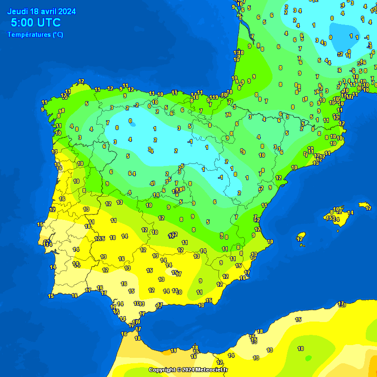 #Iberia temps at 7am, 18/04 - some frost across the N Interior again this morning, with coldest Molina de Aragón & Palacios de la Sierra -1C, in contrast to much warmer temperatures towards the S with several in the high teens, with warmest #Gibraltar and Portalegre at 18C!