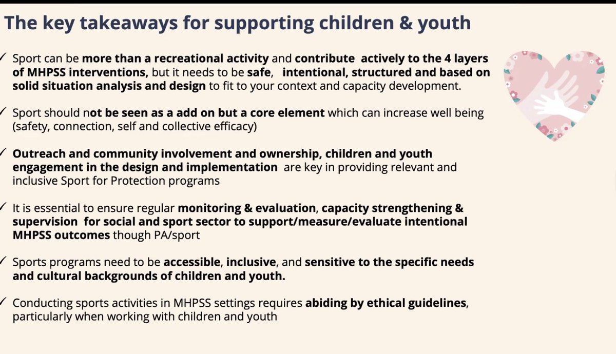 The key takeaways from our webinar yesterday hosted by @iascch & @MHPSSCollabora1 on sport and mental health in humanitarian settings Wonderful to see the increasing recognition of sport and PA as a component of MHPSS programming ⬇️⬇️⬇️