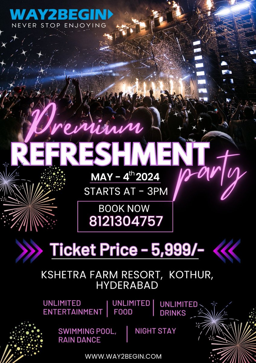 CALL ME FOR SPECIAL DISCOUNTS : 8121304757
.
.
.
#Way2begin #NeverStopEnjoying #KrishnaMK #RefreshmentParty #DjParty #PubPartyinHyderabad #FamilyPartyinHyderabad #ResortPartyinHyderabad #NightPartyinHyderabad #poolpartyinhyderabad