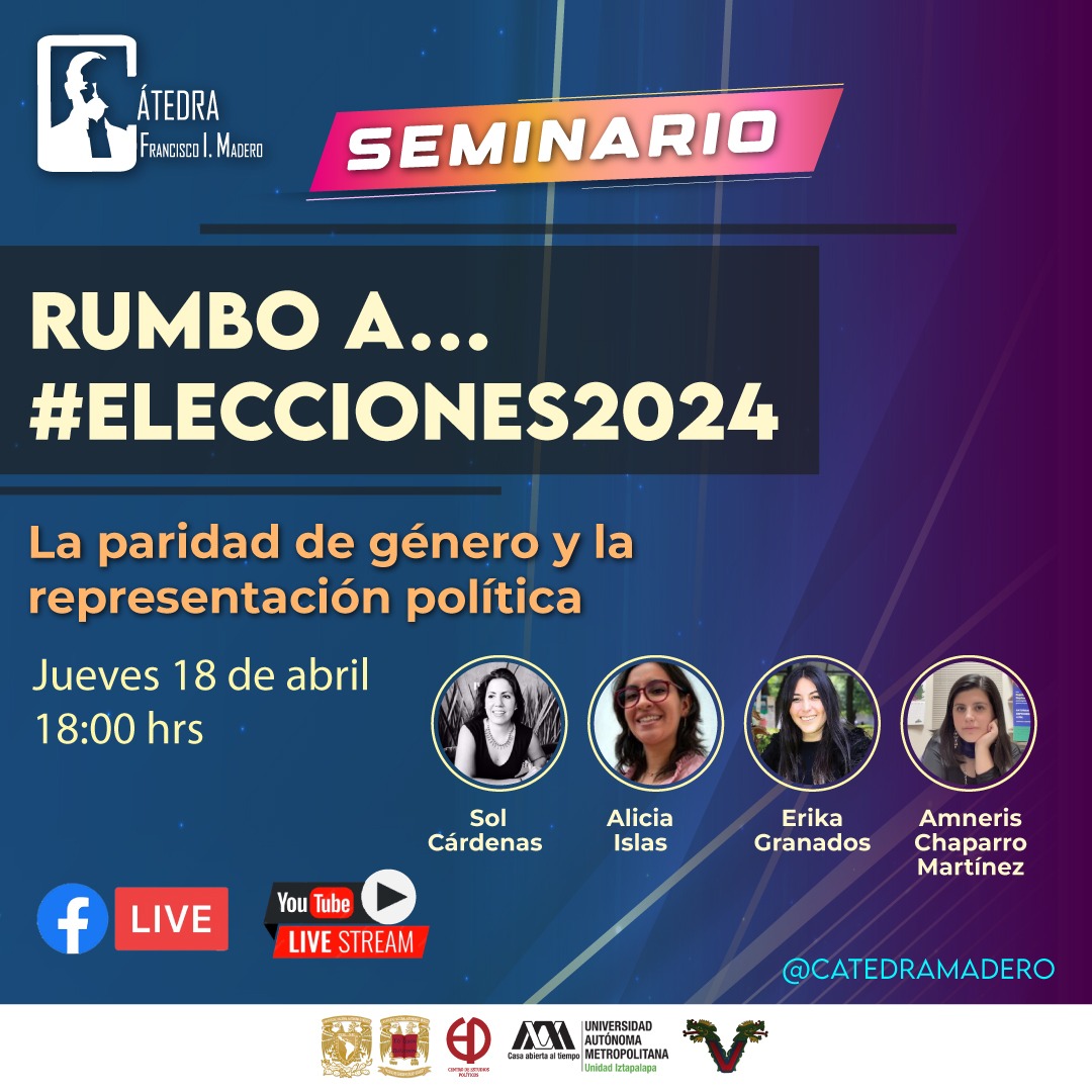 CatedraMadero's tweet photo. ¡No te lo pierdas!
💬 Seminario "Rumbo a ... #Elecciones2024"
Mesa 3: La paridad de género y la representación política
🕕 18:00 hrs.
Dra. Sol Cárdenas
Dra. Alicia Islas
Dra. Erika Granados
Dra. Amneris Chaparro
#EnVivo 🔴 https://t.co/LU7S8sEcKR
#UNAM #FCPyS #UAMI #CIPOL https://t.co/AJoZ7qXxpf