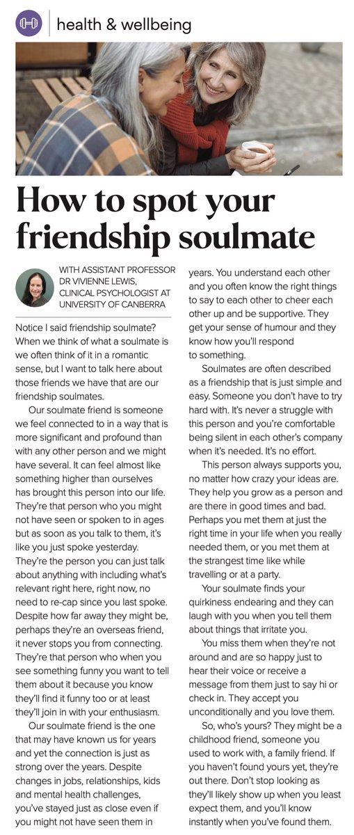 University of Canberra Discipline of Psychology (@ucpsychology) on Twitter photo New article by <a href="/DrVivienneLewis/">Dr Vivienne Lewis</a> - How to spot your friendship soulmate - a thoughtful insight into close friends. <a href="/UCFacultyHealth/">UC Faculty of Health</a> New article by <a href="/DrVivienneLewis/">Dr Vivienne Lewis</a> - How to spot your friendship soulmate - a thoughtful insight into close friends. <a href="/UCFacultyHealth/">UC Faculty of Health</a>