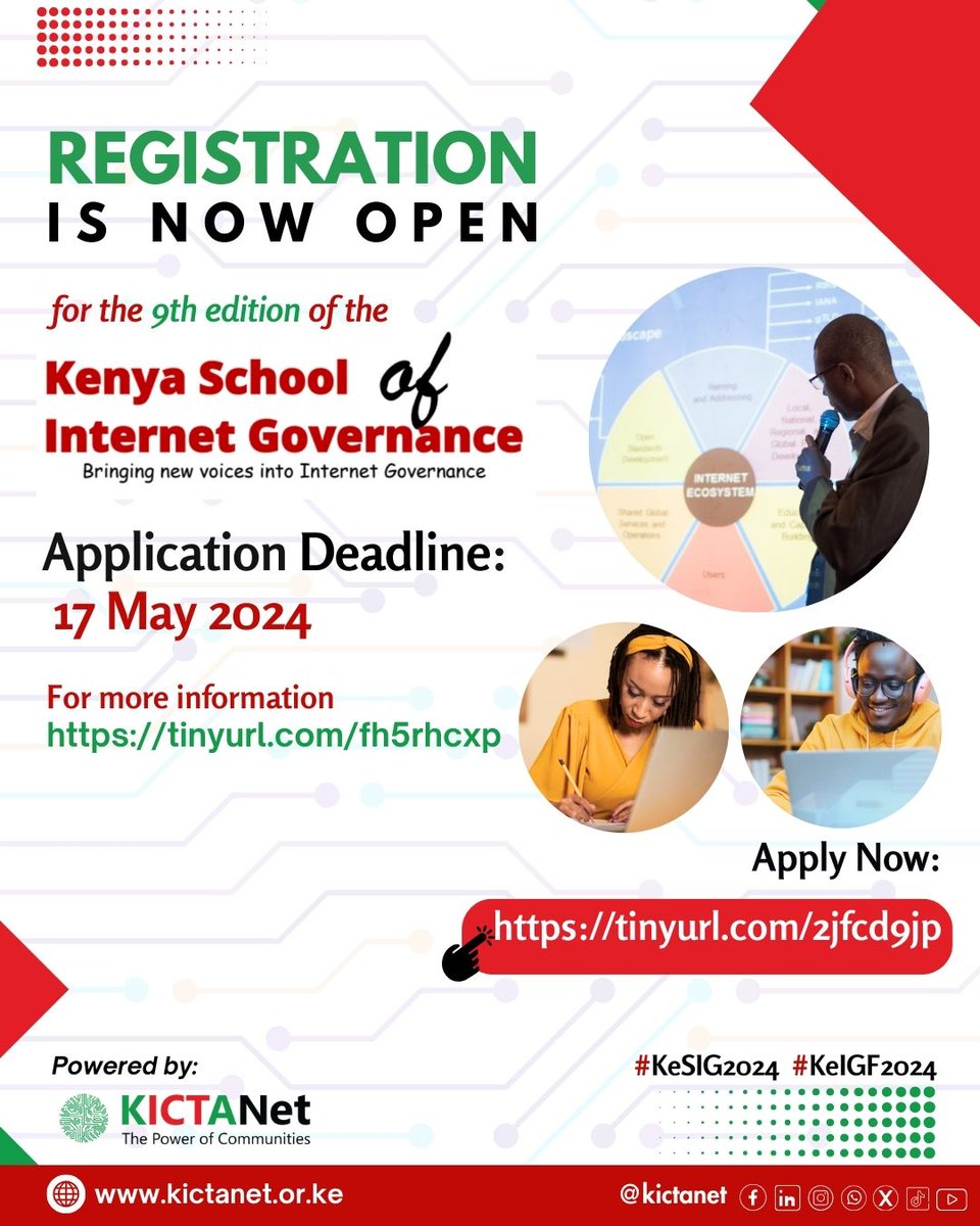 📢 Exciting news! 🎉 Applications for the 9th Edition of Kenya School of Internet Governance (KeSIG) 2024 are now OPEN! 🚀 ➡️ Apply here: tinyurl.com/3wp4ursv ^NM