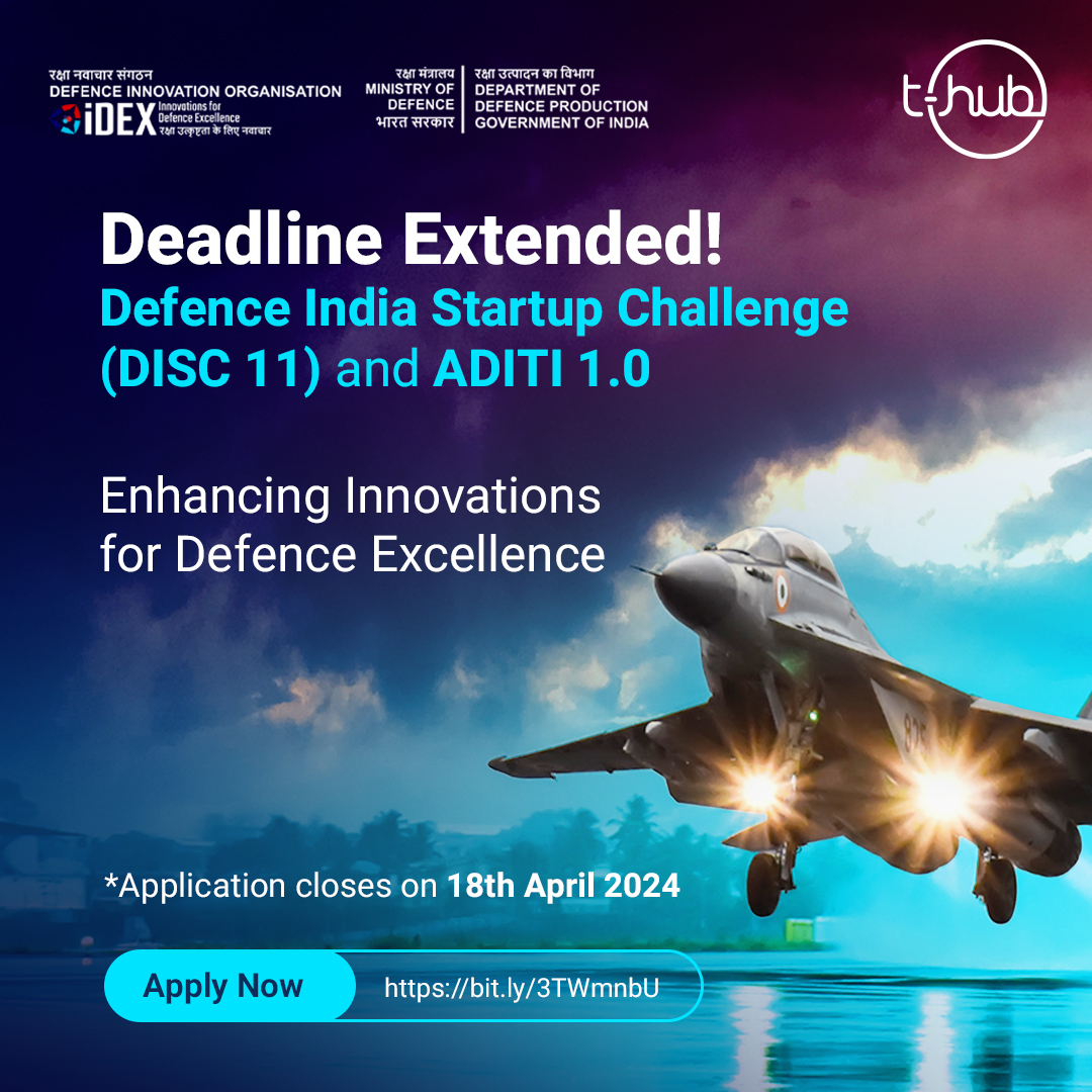 Deadline extended for DISC 11 and ADITI 1! The iDEX - DIO is calling on #startups, #MSMEs, and individual #innovators to apply for the DISC 11 and ADITI 1.0. Get #grants up to INR 1.5 cr from DISC 11 & INR 25 cr from ADITI. Apply: idex.gov.in/challenge-cate…